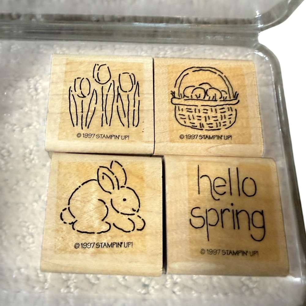 Stampin Up Hello Spring Bunny Tulips Easter Wood Rubber Stamps Set‎